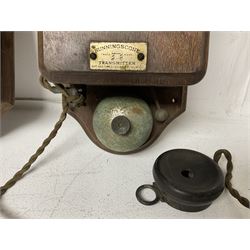 Two Hunningscone patent wall mounting telephones in walnut casing, together with Sterling Telephone & Electric Co. Ltd early wall-mounted telephone 'Primax' and one other 