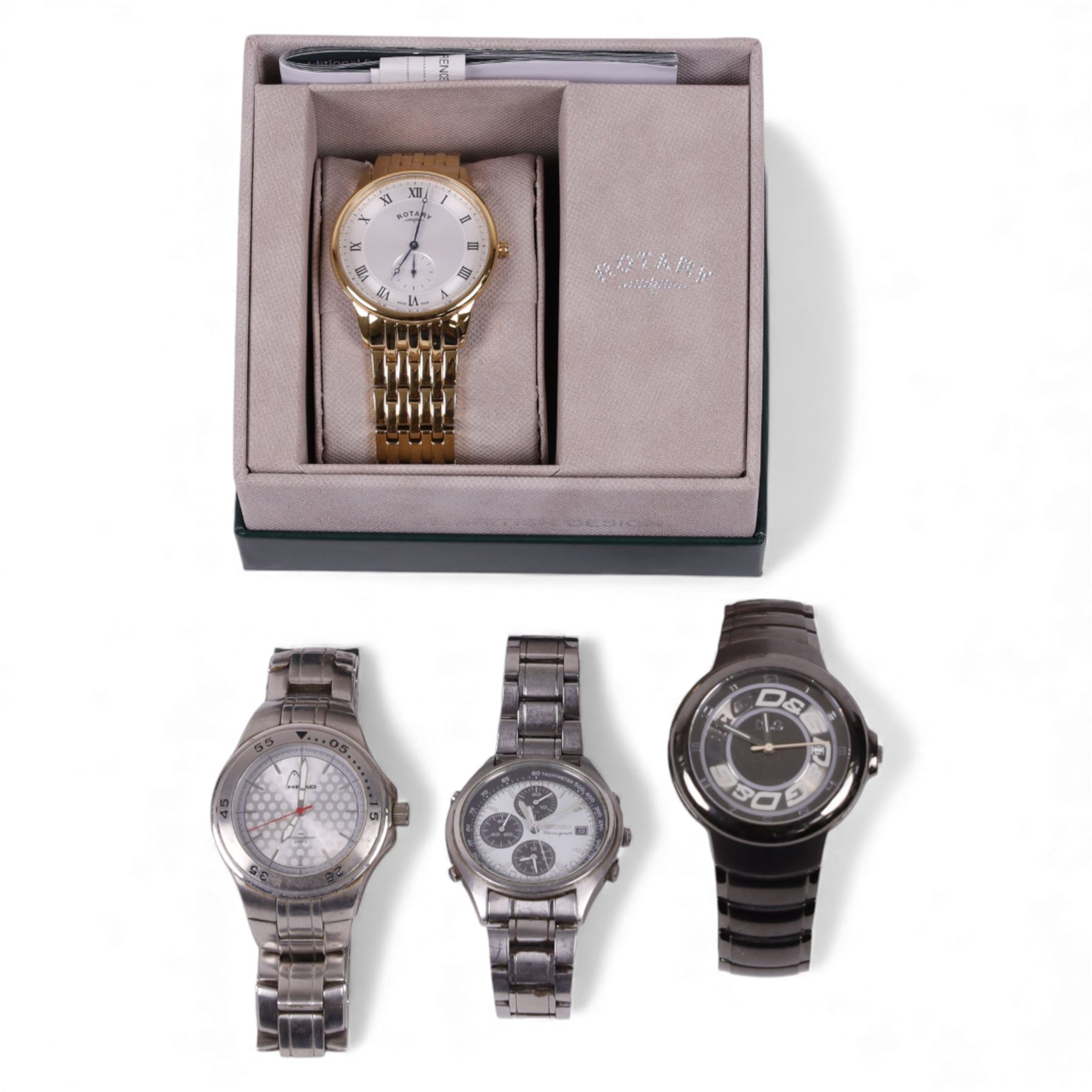 Four gentleman's wristwatches, including boxed Rotary, Head, D&G and Seiko examples