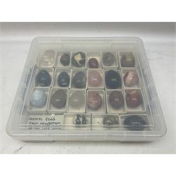 Collection of twenty-one hardstone specimen eggs, including labradorite, calcite, orbicular jasper, tiger's eye, smokey quartz, fossilised wood etc, originally part of the collection of the late Stanley J Seeger