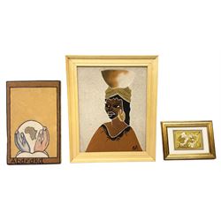 Jasur Orziev (20th century): Couple playing Sitar, miniature gouache signed; African School (20th century): Woman with Bowl on Head, sand on board signed CA together with another sand painting with hands on a globe inscribed Abaraka max 29cm x 23cm (3)