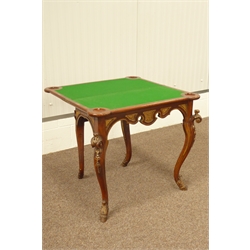  Late 19th century Italian amboyna and walnut card table, fold over top with baize lining and  corner counter well scrolled acanthus leaf carved cabriole supports with hoof feet, W85cm, H75cm, D41cm (closed)  