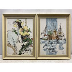 Bernard Dufour (French 1922-2016): Two Ladies in Hats and Boats Moored, pair oils on canvas board signed 44cm x 31cm (2)