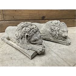 Pair of small cast stone sleeping Trafalgar Lions