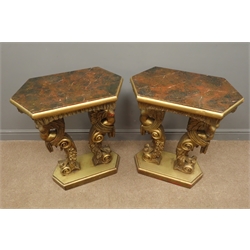  Pair late 20th century carved gilt wood torchere plant stands, red and black marble effect tops, semi-nude goddess supports with scrolled and acanthus leaf decoration, 63cm x 36cm, H75cm  