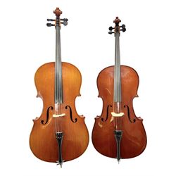 Modern Hungarian half-size cello with 69cm two-piece maple back and ribs and spruce top L114cm overall; and Stentor half size cello bearing label 'The Stentor Student II'; each in soft carrying case (2)