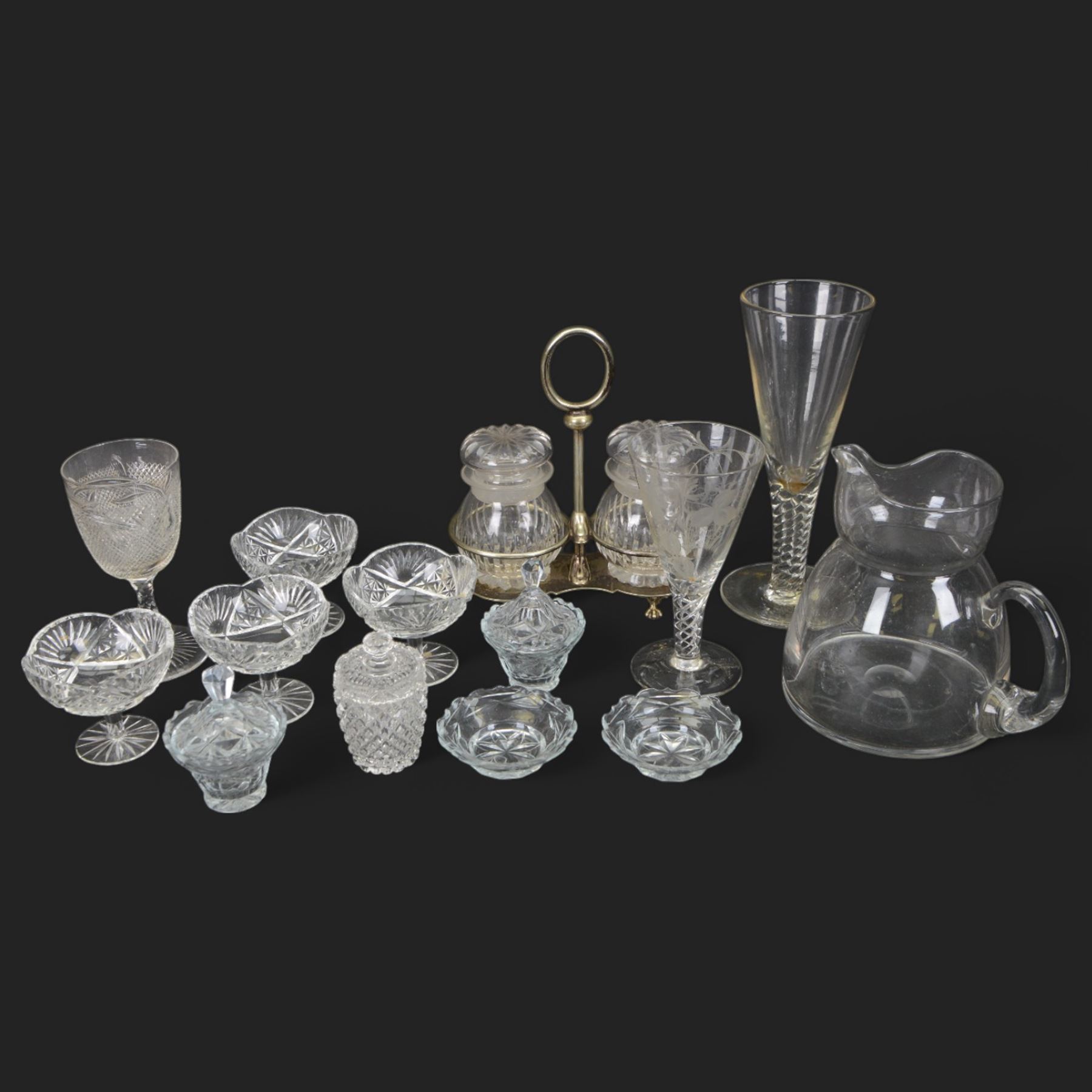 Oversized Georgian design wine glass, etched wine glass, and further 19th century and later cut glassware