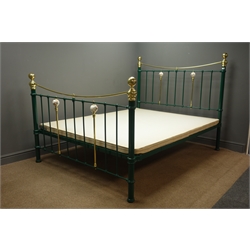  Victorian style polished brass and green painted wrought metal king size bedstead with bed base  