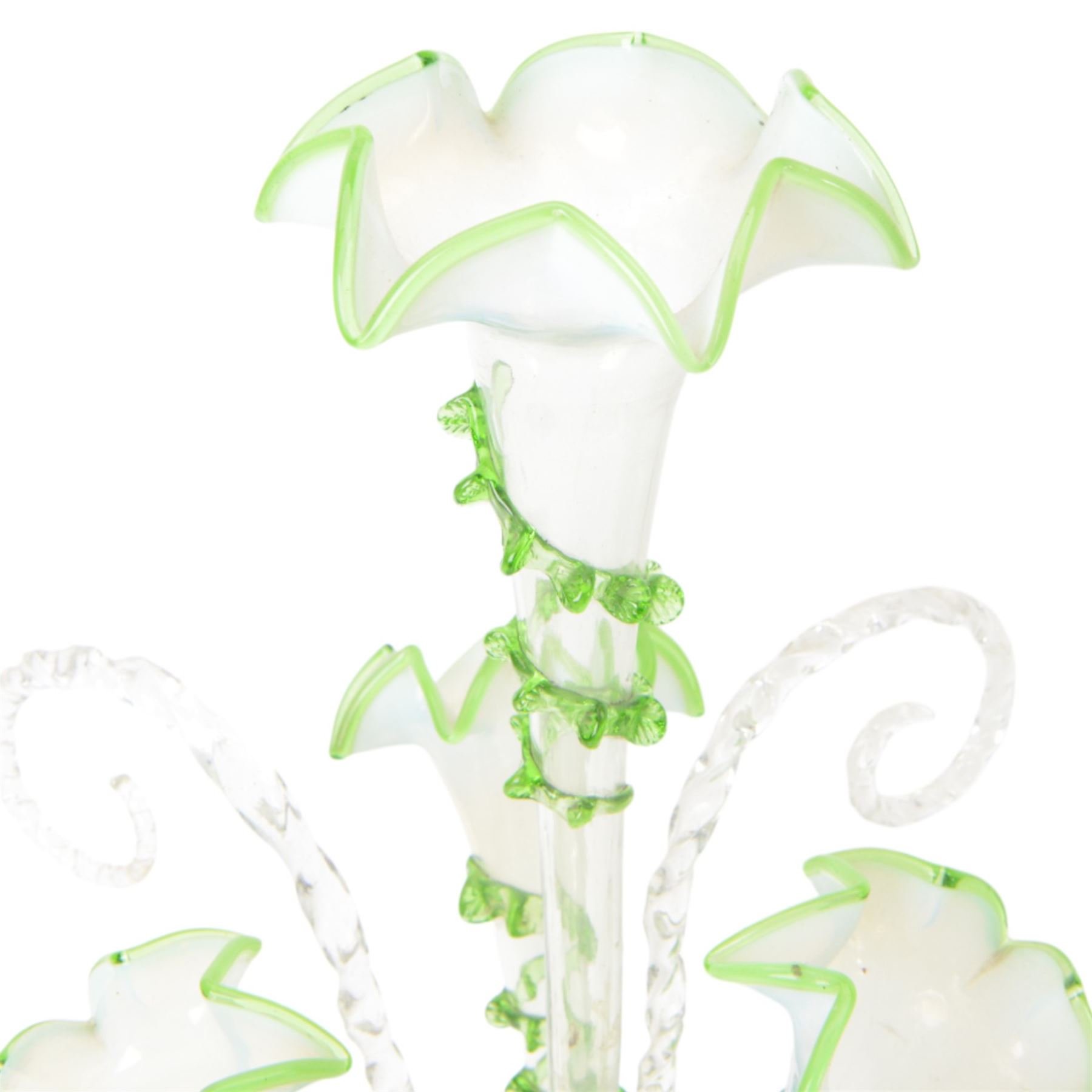 Victorian vaseline glass three basket epergne, H55cm