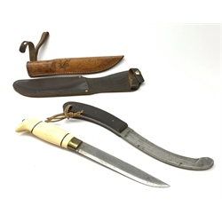 Norwegian hunting knife with 15cm steel single edged blade, bone handle and brass ferrule, in leather scabbard decorated with a moose and inscribed 'Norge', with etched name verso 23882440 Pte. Eveleigh D. MTSec 1/8 DLI, L30cm overall