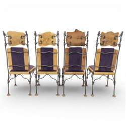 Paul Hodgkiss Designs of Glasgow - contemporary shaped elm dining table with wrought iron base; with set ten (8+2) matching high-back dining chairs, table of organic form above an elaborate wrought iron supports, with central elm stretcher, the chairs with en suite with matching wrought iron work burred elm headrest, purple velour upholstery with drop in seat     

Table: W 102cm, L 243cm, H 74cm
Chairs: W 56cm, D 52cm, H 130cm