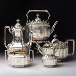Victorian silver tea and coffee set engraved with classical urns, oval paterae and scrolli...