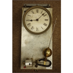  Early 20th century 'Electrique Brillie' French electric master clock, metal Roman Numeral dial, mounted on white marble, spherical pendulum bob, 42cm x 21cm  