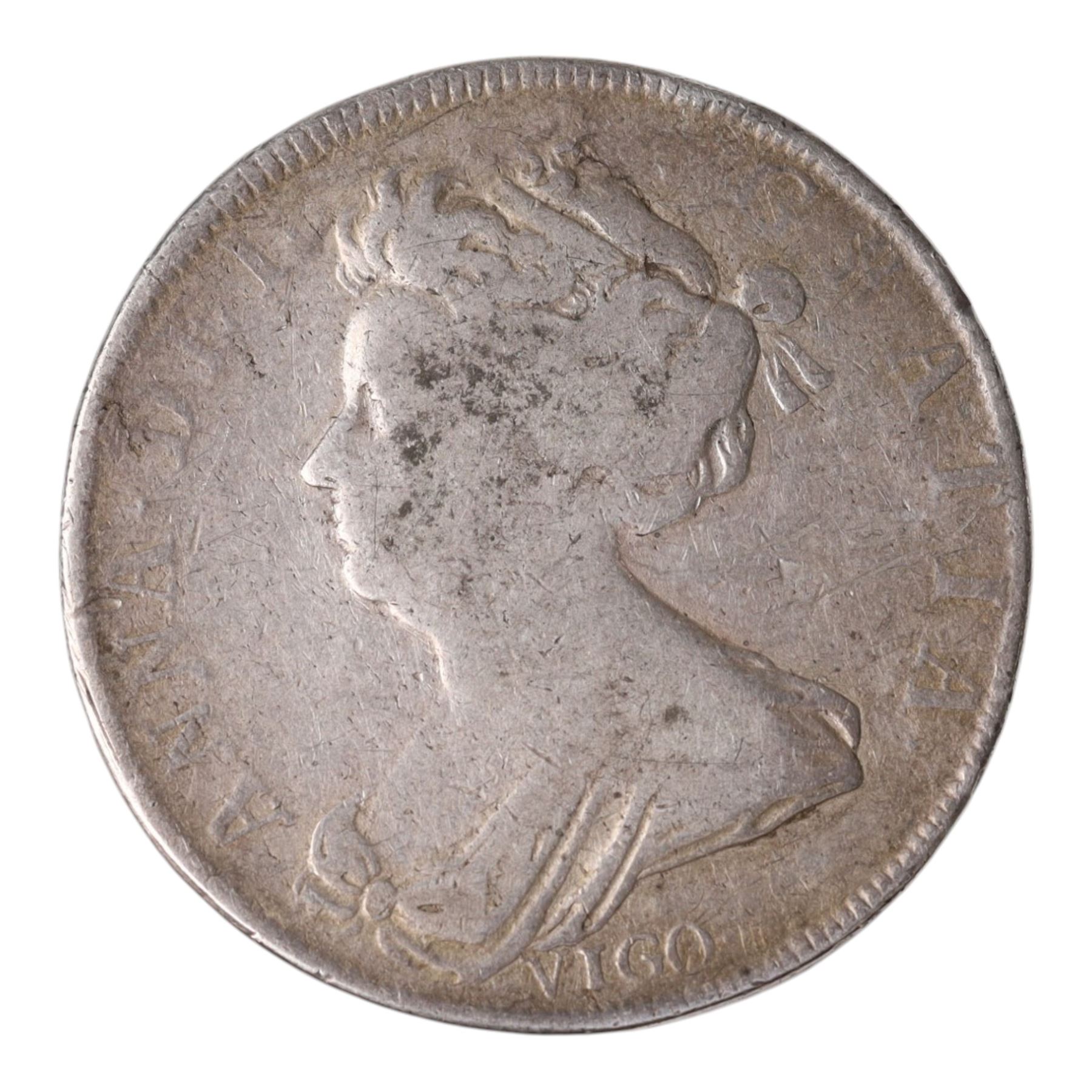 Anne 1703 silver half crown coin, VIGO below bust