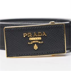 Prada - black Saffiano leather belt with gold-tone hardware logo buckle, size 36/90, with original dust bag