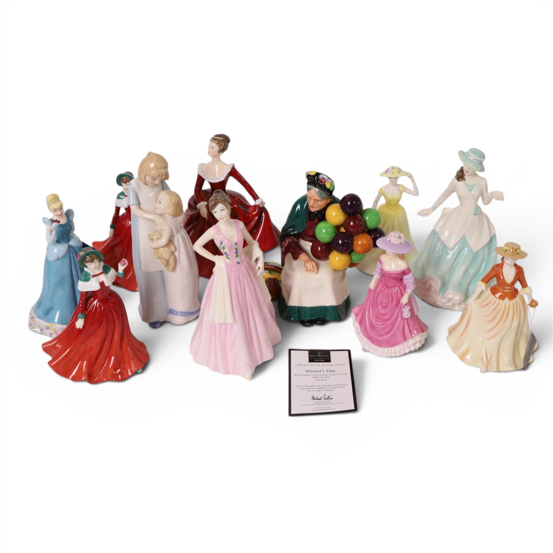 Collection of Royal Doulton figures including Autumn Stroll, April, Cinderella, The old Balloon Seller, Reflections etc 