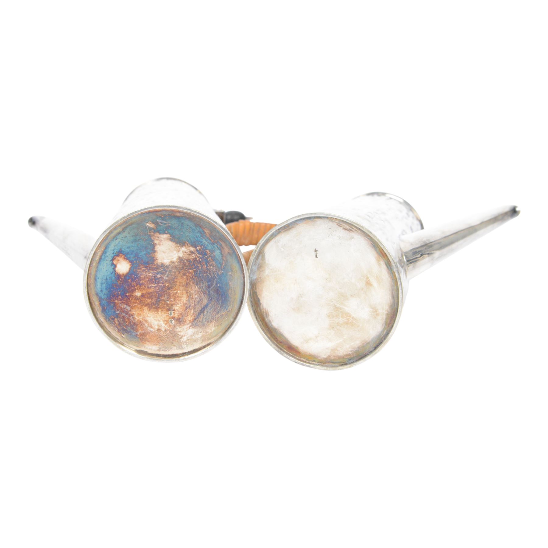 Hukin & Heath planished silver plate coffee tray attributed to Christopher Dresser, with similar coffee set comprising pair of coffee pots, of cylindrical tapering form with strapwork handles, milk jug and open sucrier, all engraved with initial to center, tray L48cm 