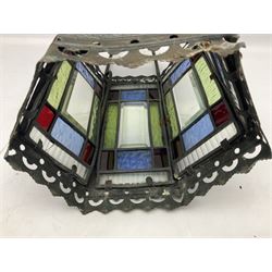 Victorian brass and stained leaded glass hall lantern, of hexagonal form, supported by four domed arms and pierced fret, H46cm W20cm