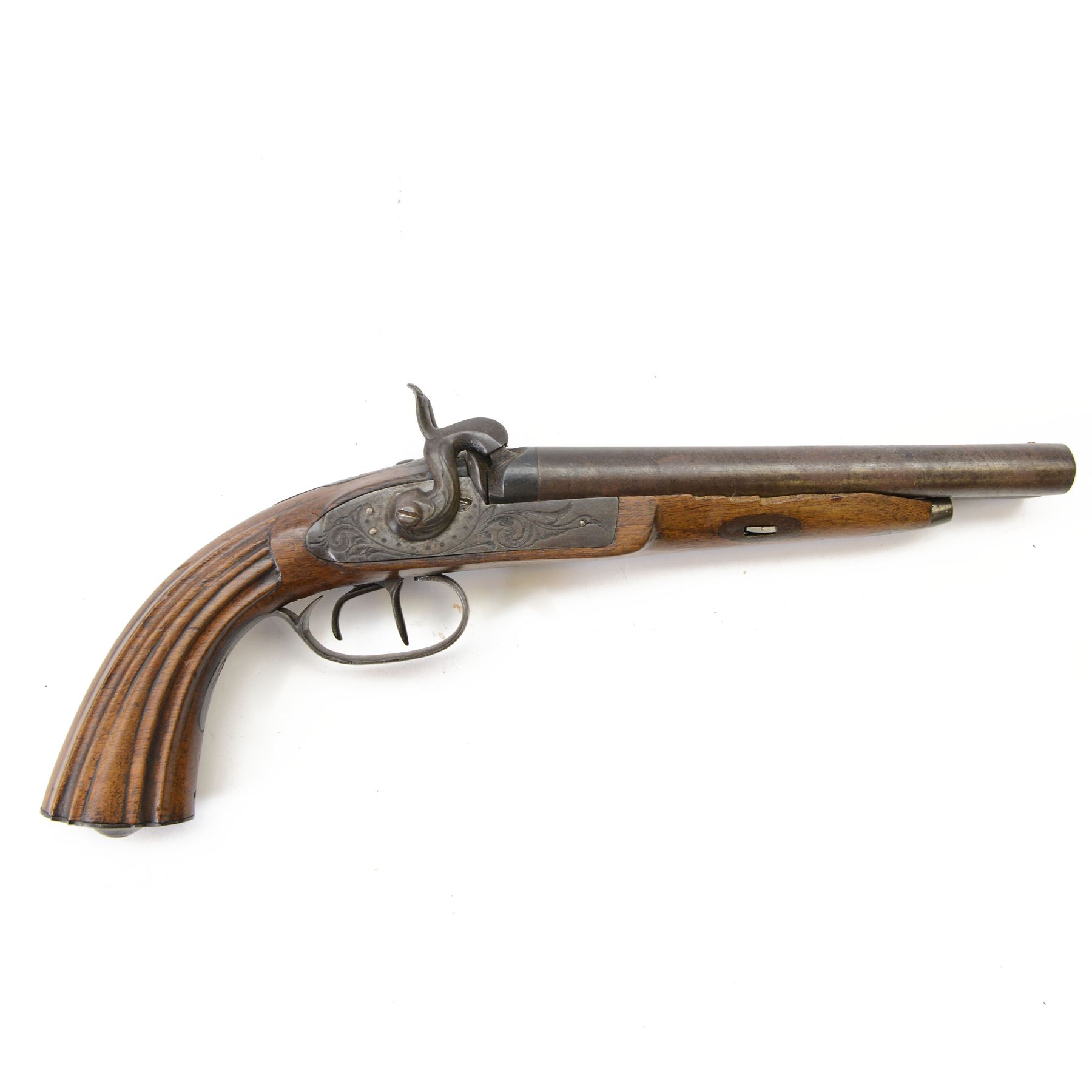 Mid 19th century double-barrelled Italian percussion pistol, smooth, round, 14 mm cal. barrels, forward spring lock engraved with floral motifs; wooden stock with grooved butt and engraved iron mounts, L35cm