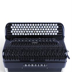 Borsini Professional 5-Row Chromatic button accordion, with 92 white pearlescent chromatic buttons and 136 bass buttons, possibly a custom model, in black high gloss case, with carry strap and original hard carrycase