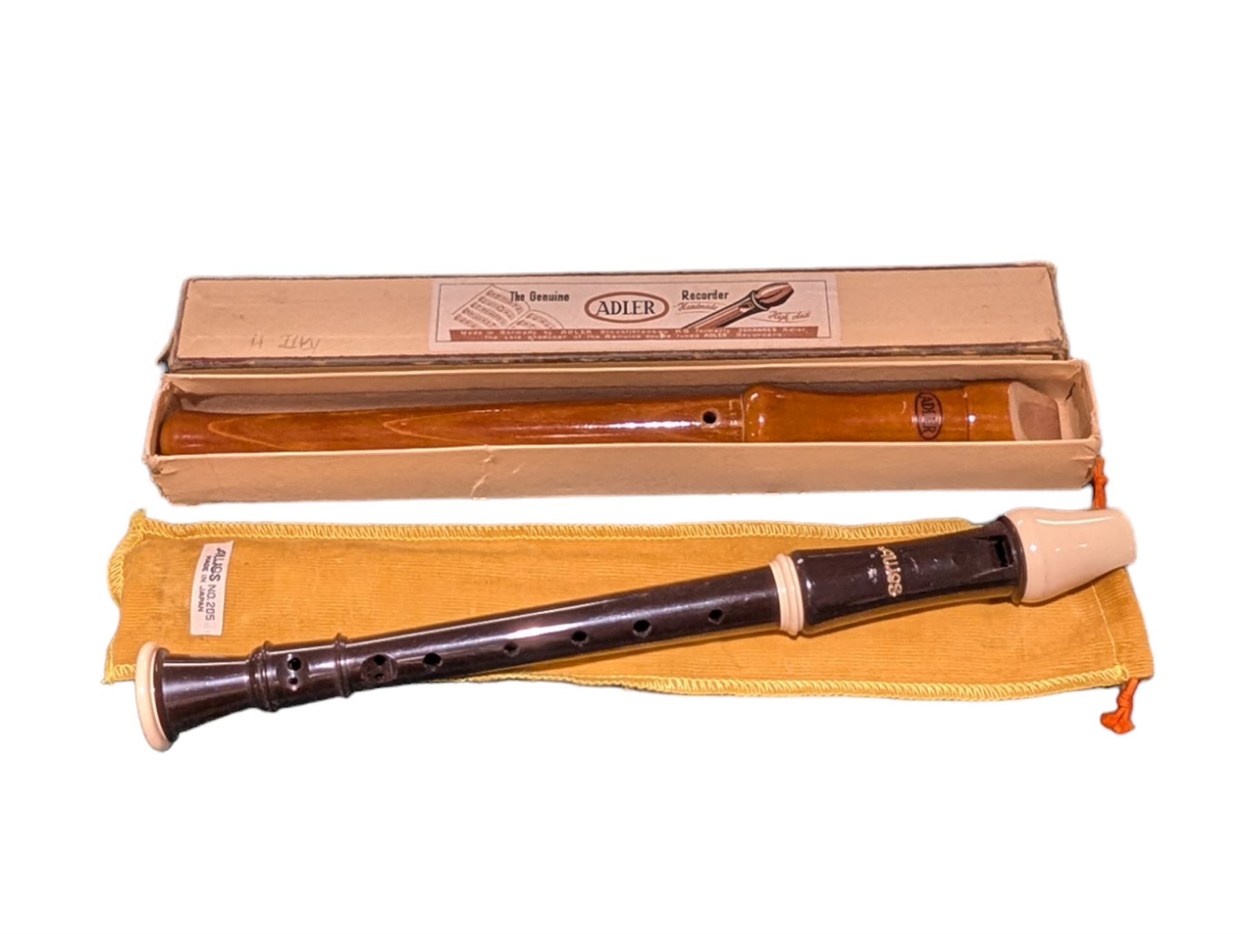 Two recorders, comprising boxed Adler example and an Aulos example