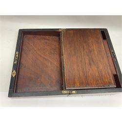 Victorian walnut and parquetry banded work box with brass shield and escutcheon, L30cm, together with mahogany writing slope with green baize writing surface, L35cm