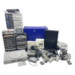  Playstation original console, with three controllers and two predator guns, together with Playstation2, controller and a large collection of games, untested 