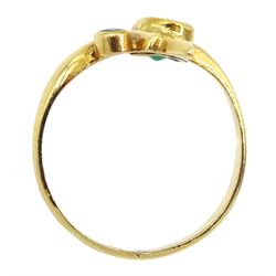18ct gold two stone round and oval emerald ring
