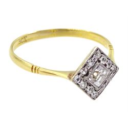 Gold milgrain set princess cut and round cut white sapphire square cluster ring, stamped 18ct