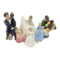 Five Royal Doulton figures, including Shore Leave HN2254, The Old Balloon Seller HN1315, Rose HN1348 etc, together with Royal Worcester Coquette