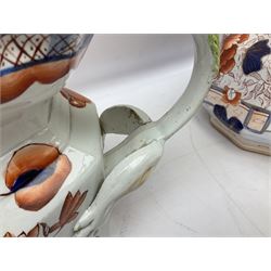 19th century ironstone wash jug and bowl set decorated in the Imari palette, together with two further smaller ironstone jugs similarly decorated, bowl D35cm