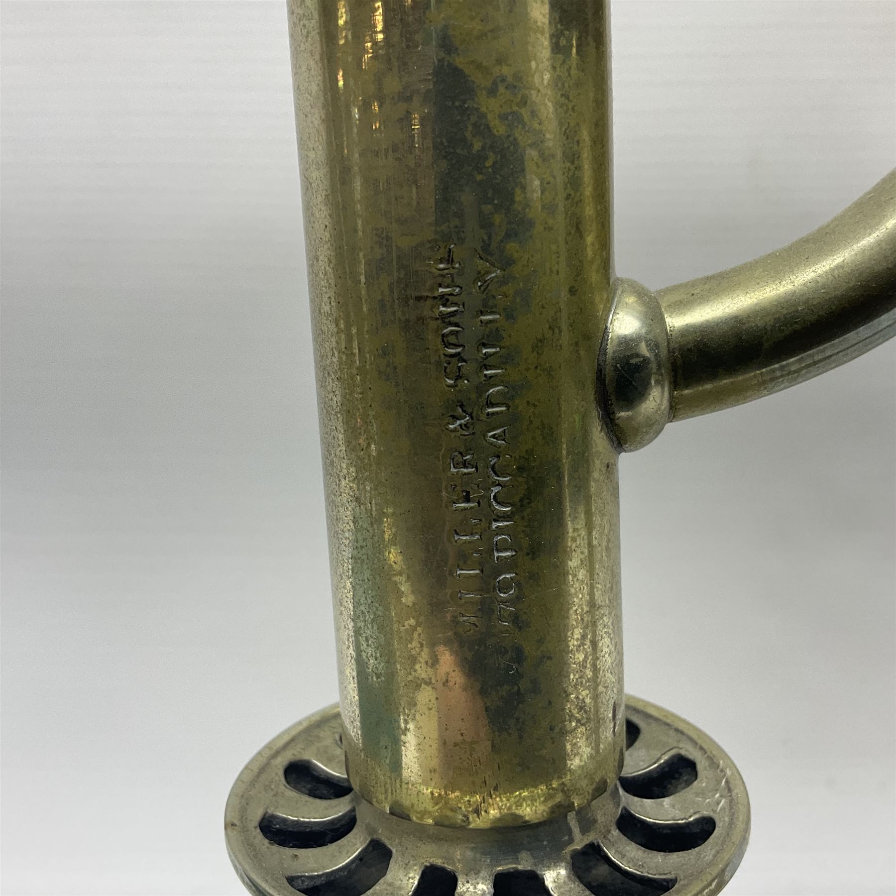 Miller & Sons Piccadilly polished brass double adjustable student's oil lamp, with green glass shades, H52cm