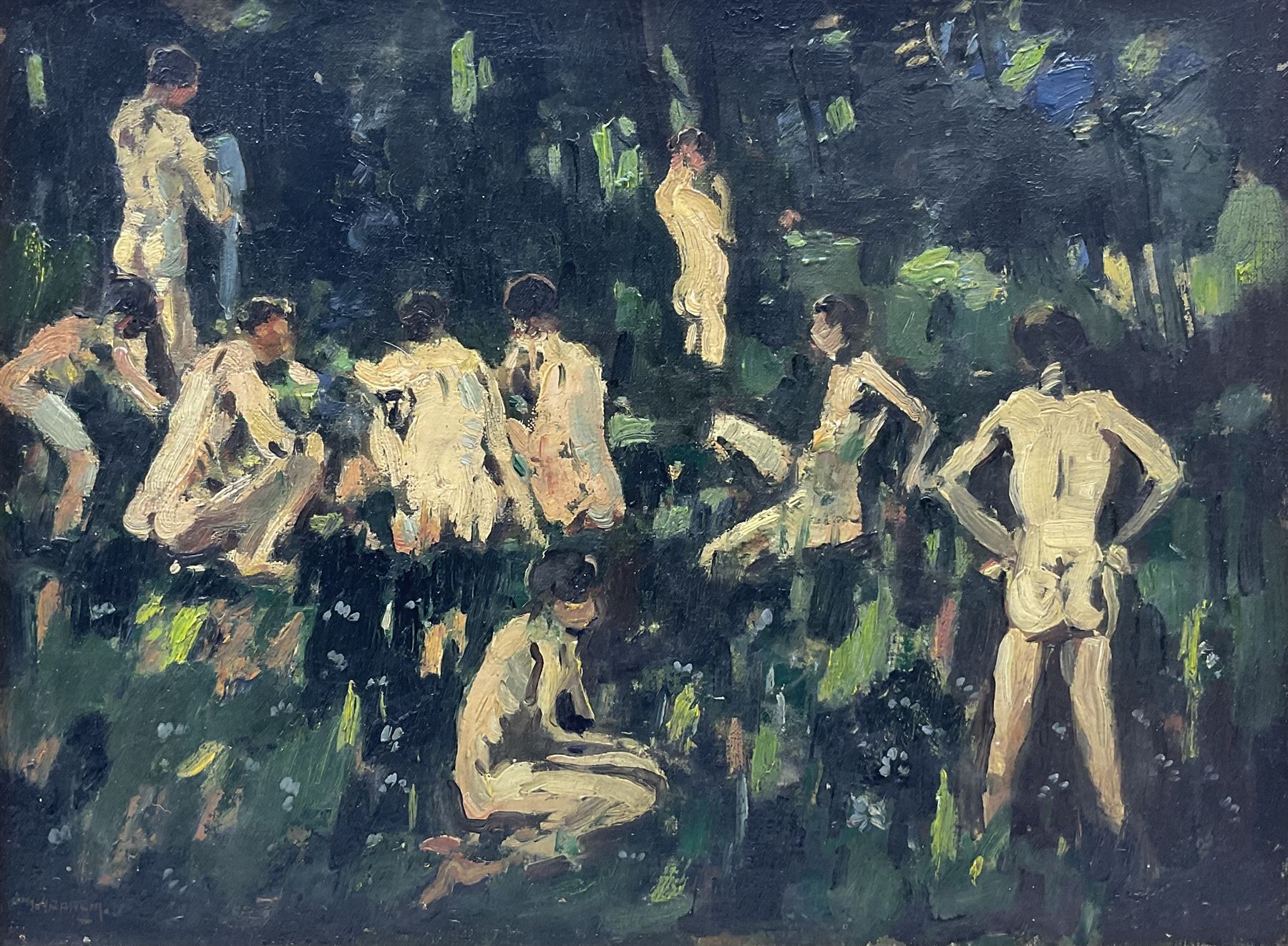 George Graham (British 1881-1941): Nude Figures in the Woods, oil on canvas signed 30cm x 40cm 
Notes: better known for his landscape paintings of West Yorkshire and Sussex , and for his friendship with Fred Lawson, later in life Graham produced some more surreal works, such as the present picture and a series of 'Creation' paintings held by Hastings Art Gallery.