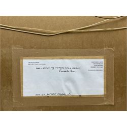 Charles Bone (British 1926-): 'Circus', watercolour sketch for a mural, titled on backboard, inscribed signed and dated 1950s on artist's Guildford address label verso 36cm x 49.5cm
Notes: Studied at Farnham College of Art and the Royal College of Art. Lecturer at Brighton University. Former Director of the Royal Institute Gallery in Piccadilly and Governor of the Mall Galleries. Appointed Vice President and then President of the Royal Institute of Painters in Watercolours