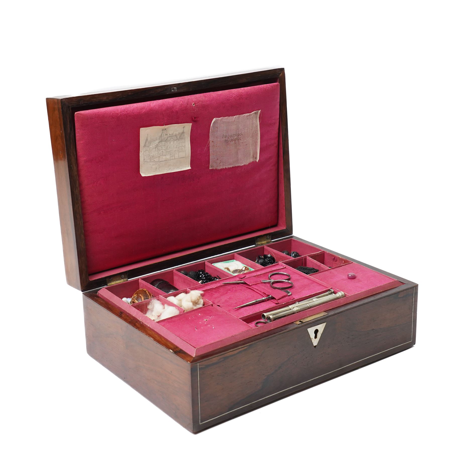 Victorian rosewood sewing box, of quality construction, containing a collection of mainly mourning items, comprising a pair of gilt metal micro mosaic cufflinks, beads, locks of hair, and other associated items including two French poems