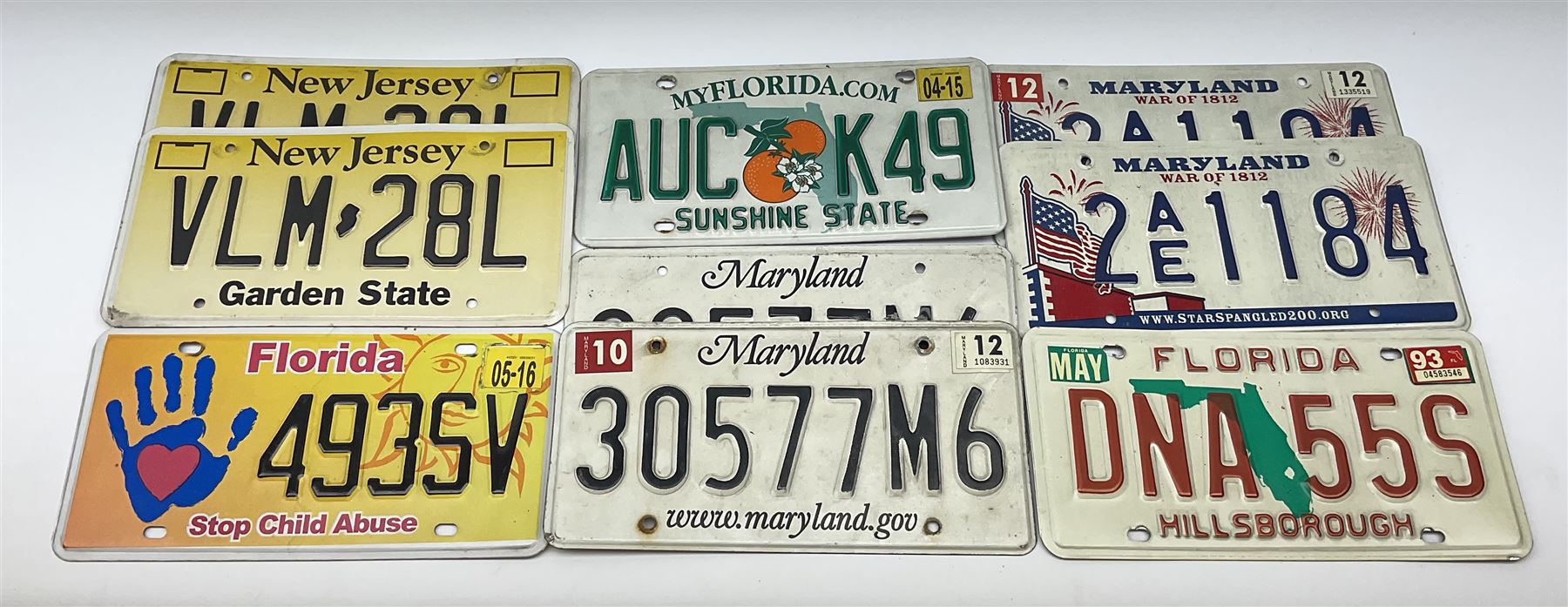 Nine American licence plates including three Florida, two New Jersey and four Maryland plates. 