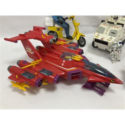 Manta Force Red Venom 1987 Bluebird Toys PLC toy plane with associated figures, with three more toy vehicles and figures comprising Lanard 1996 S.T.A.R Force Mobile Ground Support truck, Hasbro 2000 Action Man motorbike with side car, Sindy moped 
