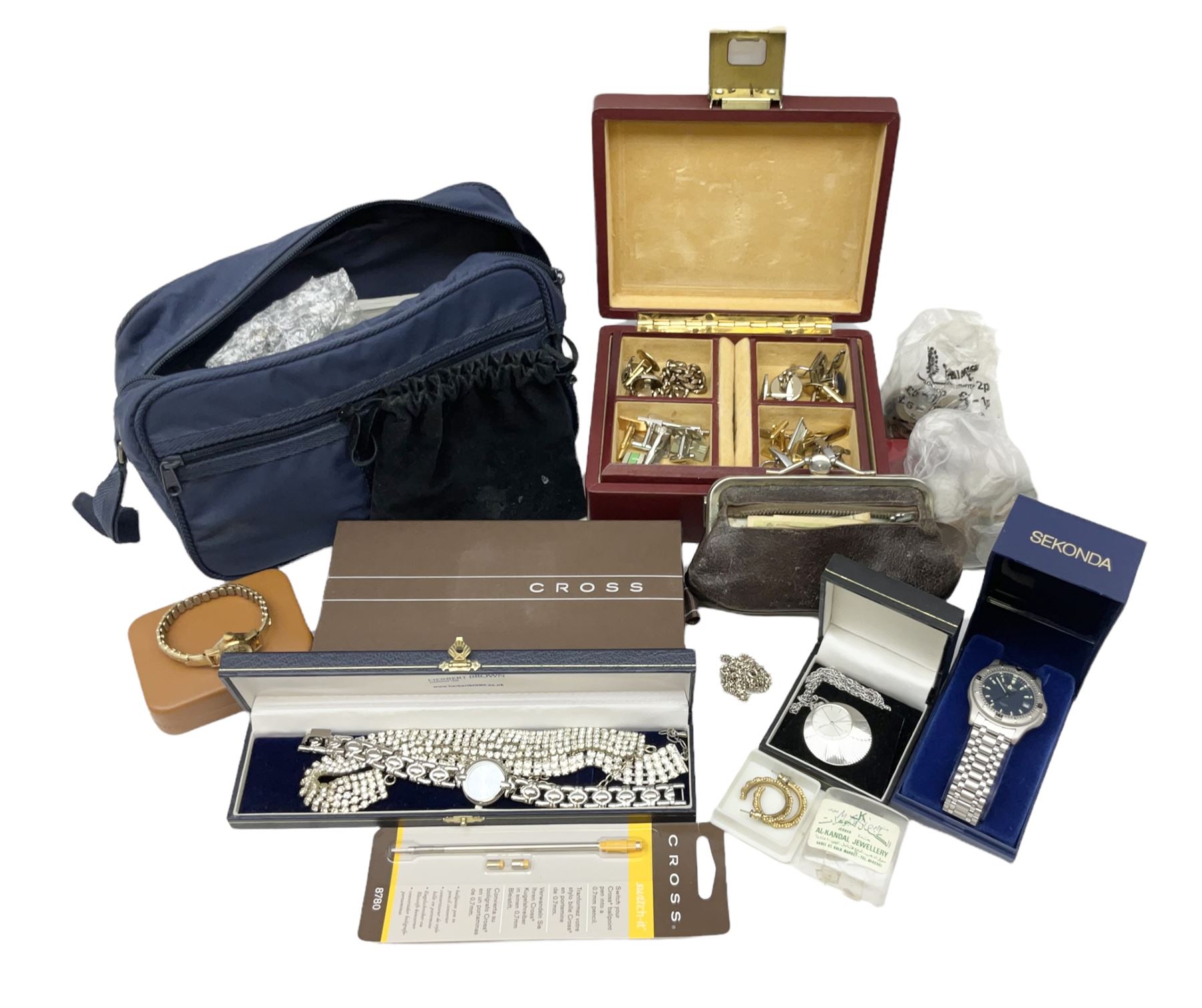 Collection of costume jewellery to include Giani Giorgio watch, Seiko pendent clock, cufflinks, necklace, earrings etc   