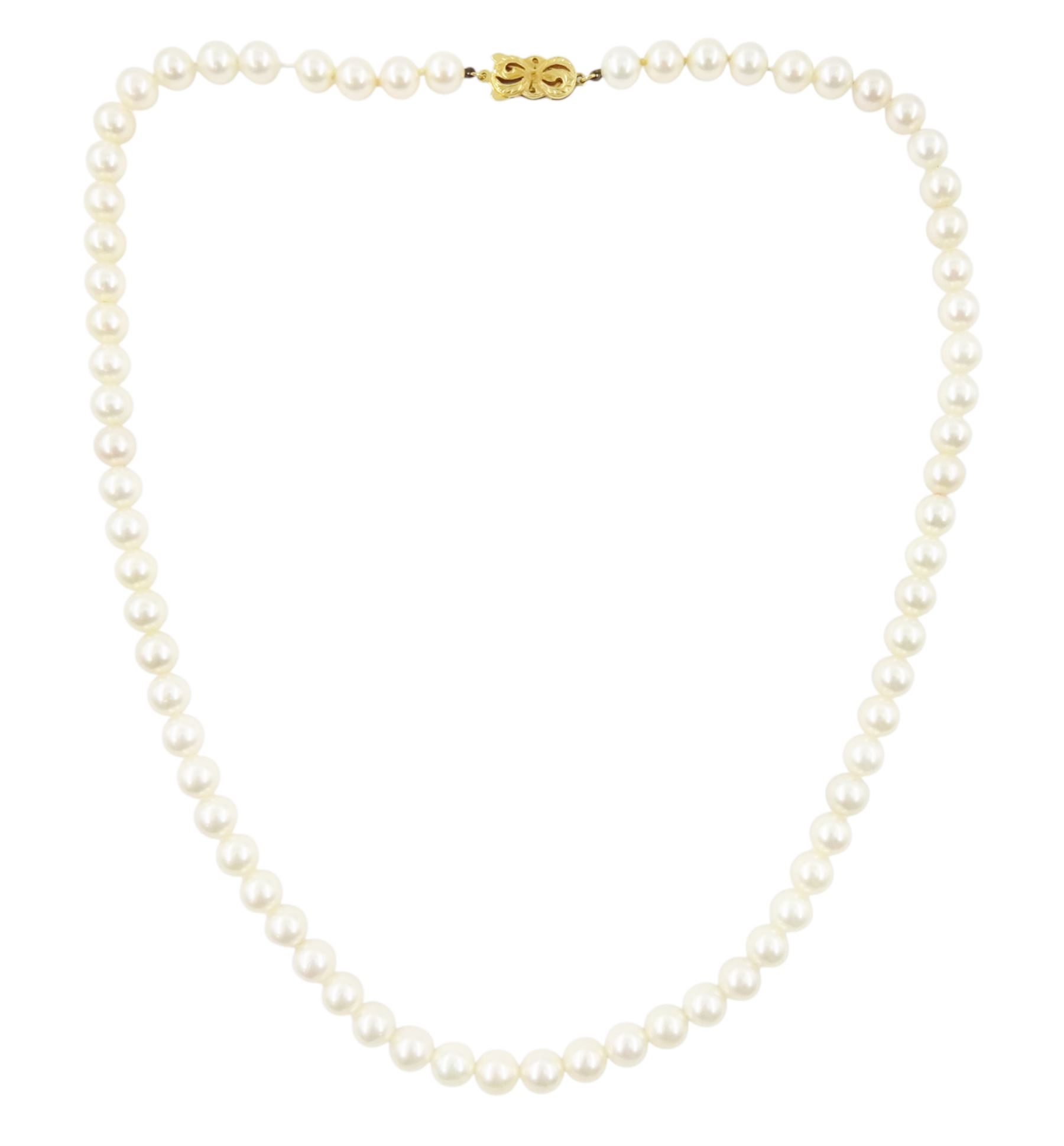 Mikimoto single strand cultured white pearl necklace, with 18ct gold clasp, stamped 750, boxed with certificate dated 1983