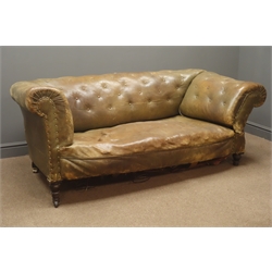  Late 19th century beech framed two seat drop end sofa upholstered in buttoned brown leather, W180cm  