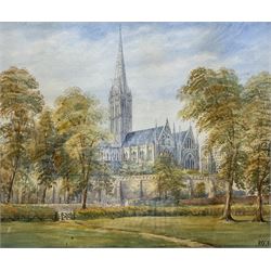 English School (20th century): Salisbury Cathedral, watercolour indistinctly signed 38cm x 46cm
