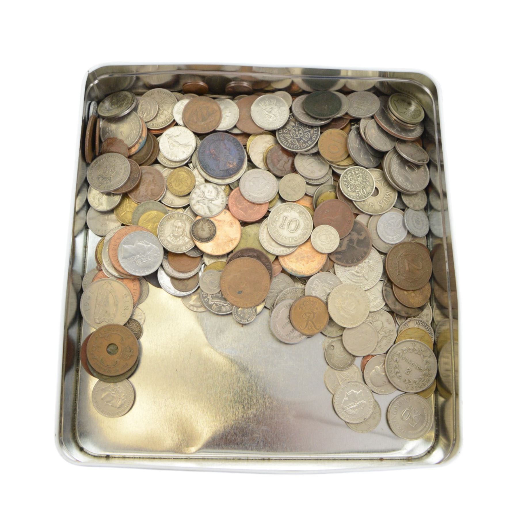 Approximately 170 grams of pre 1920 Great British silver coins, commemorative crowns, King George V Australia 1933 florin, Queen Elizabeth II South Africa 1955 two and a half shillings, pre-Euro coinage etc and various world stamps