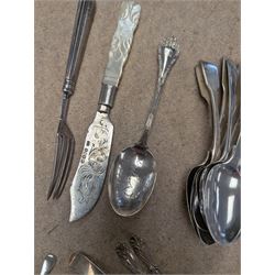 Collection of silver teaspoons, including souvenir and American silver examples, together with a silver handled fork and a mother of pearl handled silver knife, all stamped or hallmarked 