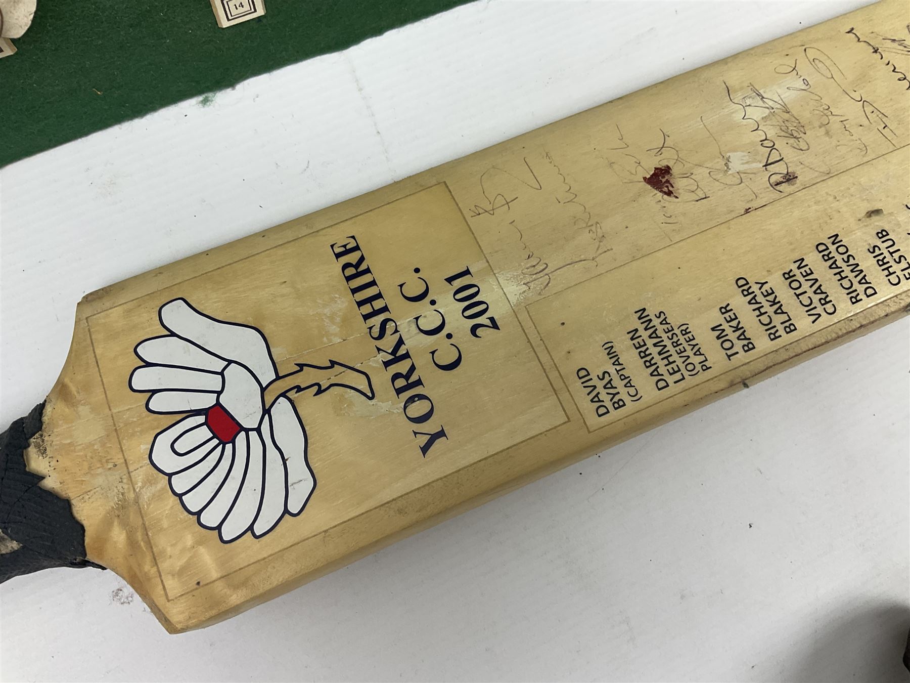 Annotated display board of clay pipes; rootwood walking stick and Yorkshire CCC signed cricket bat 2001