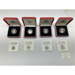 Ten The Royal Mint United Kingdom silver proof one pound coins, including four piedfort examples, all cased with certificates