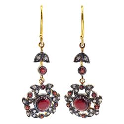 Pair of garnet and diamond pendant earrings, silver-gilt set cabochon garnets with diamond leaf design surround and 9ct gold fish hook backs