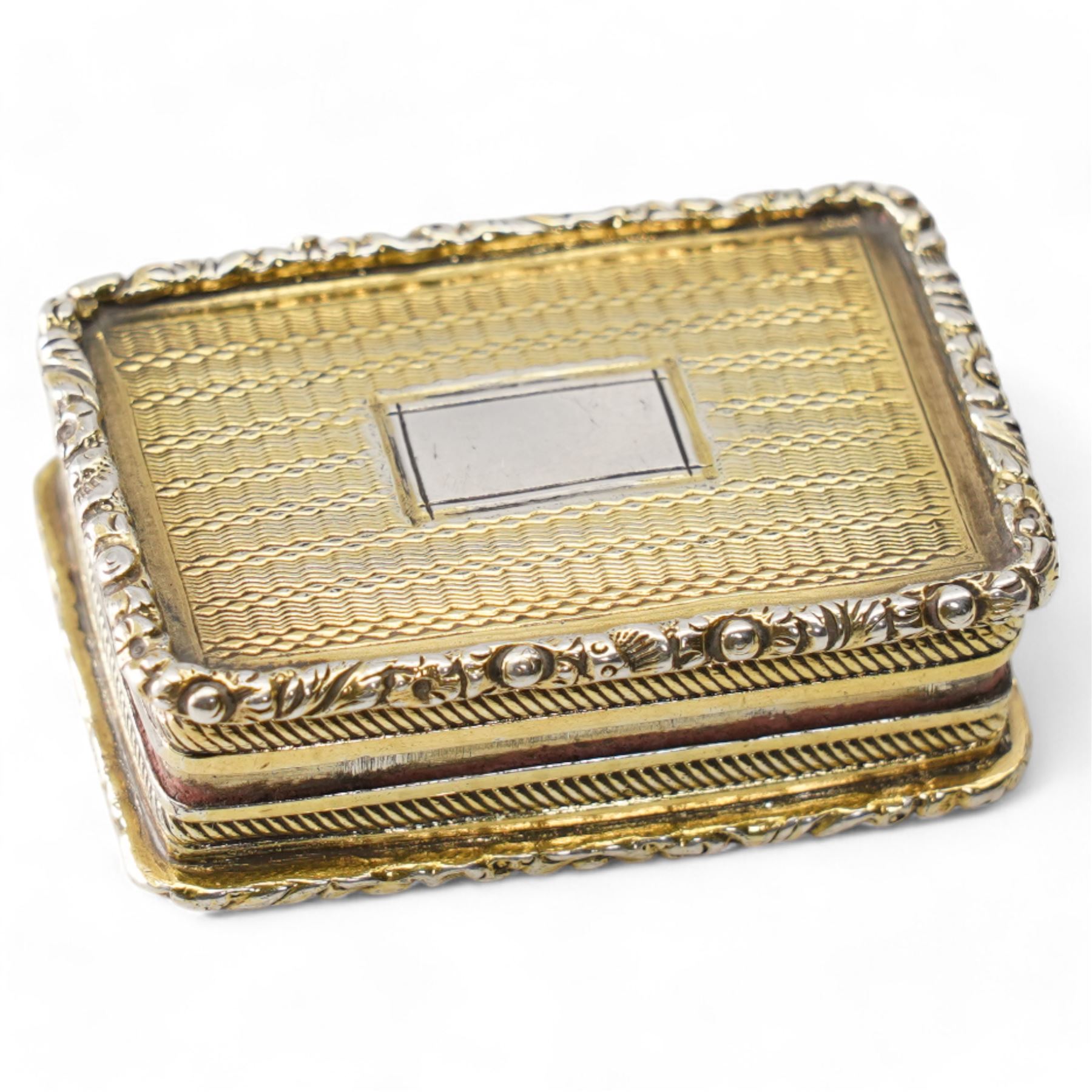 George IV silver gilt vinaigrette with pierced and engraved hinged grille, exterior vacant cartouche and engraved decoration Birmingham 1828 Maker Thomas Parker