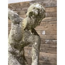 Life-size weathered cast stone Greek Discus Athlete, seated on rectangular slab raised on associated architectural plinth