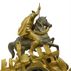 French - late 19th century 8-day gilt spelter mantle clock retailed by J Vassalli of Scarborough c1890, sculptured with an oriental 16th century representation a Mughal warrior slaying a leopard, raised on a profusely  decorated base with scroll work and splayed feet, white enamel dial with Roman numerals, minute track and steel hands, Parisian twin train countwheel striking movement, striking the hours and half-hours on a bell. With pendulum & Key.  