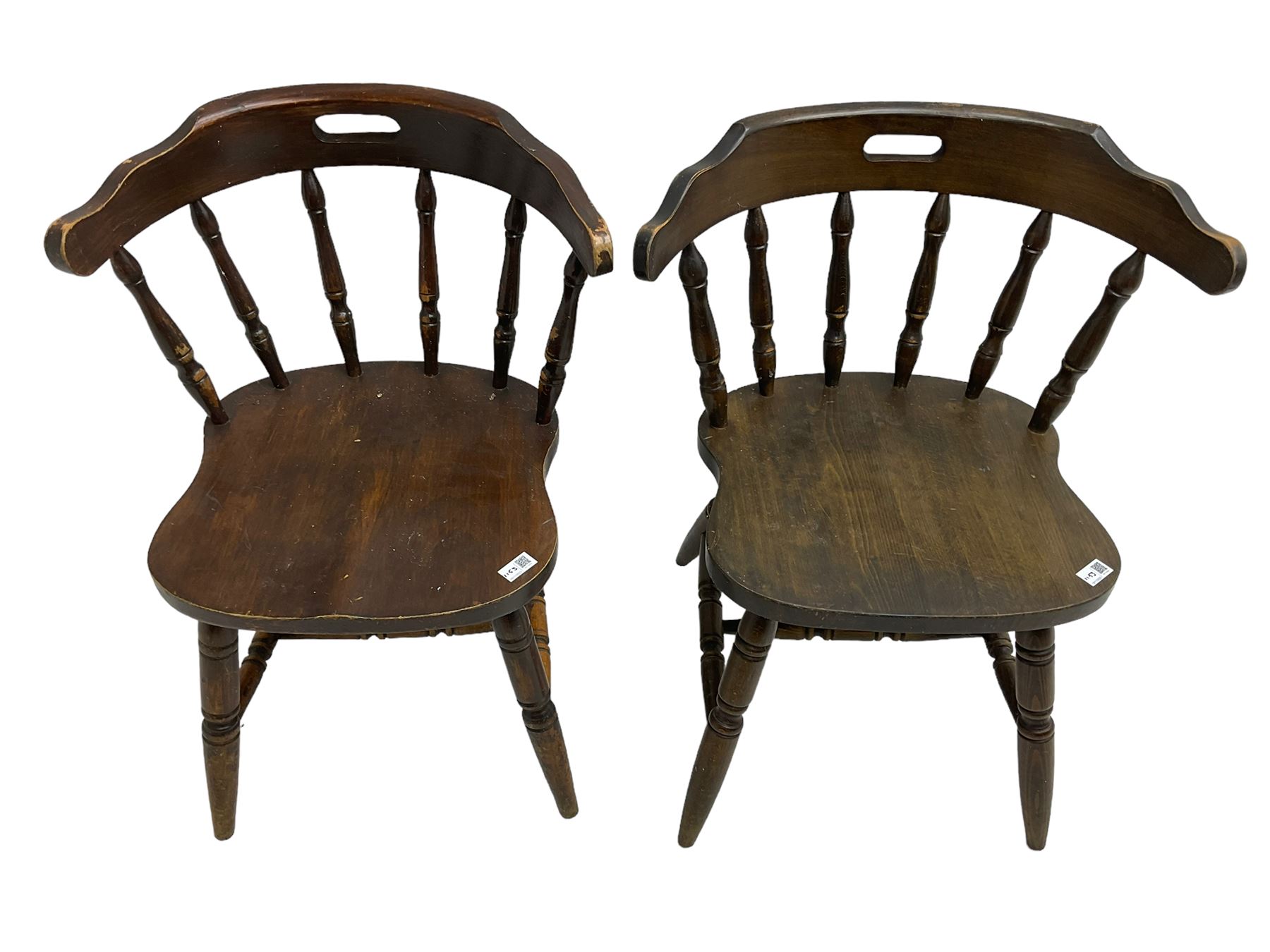 Mixed set of six tub-shaped elbow chairs, curved and shaped cresting rail on turned balustrade, on turned supports joined by turned H stretchers 