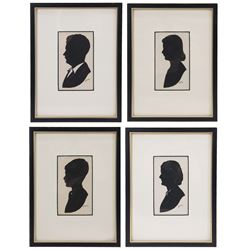 Capt. Harry Lawrence Oakley (British 1882-1960): Mother Father and Two Children, set of four family watercolour silhouettes highlighted in gold pen and pencil signed 11cm x 6cm (4)
Notes: Oakley born in Poppleton York, the son of a chemist who opened shops on Coney Street and Fulford Road. He showed talent for drawing and silhouette cutting from an early age and went on to study art at York School of Science and Art, Leeds School of Art and then the Royal College of Art in London where he was awarded the ARCA diploma in 1908.
He designed the 'Think' poster in collaboration with the North Eastern Railway company in York which then became an official war poster and was used throughout Britain, Australia and Canada. Oakley’s figure of the advancing soldier became an iconic image and was adapted and used in many forms. This success led to further commissions, including the “Remember” poster which was used to recruit men for the Royal Navy.
Oakley served in the Green Howards during the the First War. Each year, between 1920 and 1958, holidaymakers walking along the pier at Llandudno North Wales, could have stopped at a booth to have their silhouette portrait painted or cut by Mr H. L. Oakley, otherwise known as the 'Man with the Magic Scissors'.  